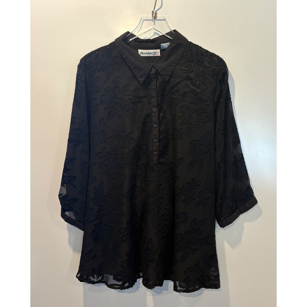Denim 24/7 Black Floral Jacquard Chiffon Blouse Shirt Top Plus Size 22W